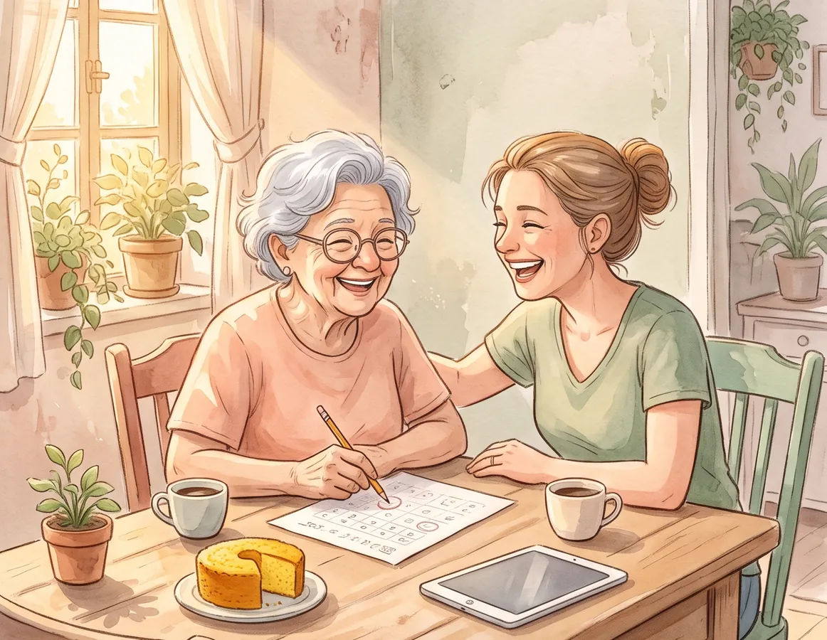 Ilustração em aquarela de uma senhora e sua filha rindo à mesa da cozinha, fazendo um caça-palavras