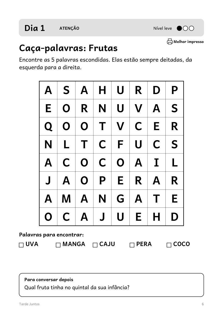 Página do dia 1: caça-palavras de frutas, nível leve