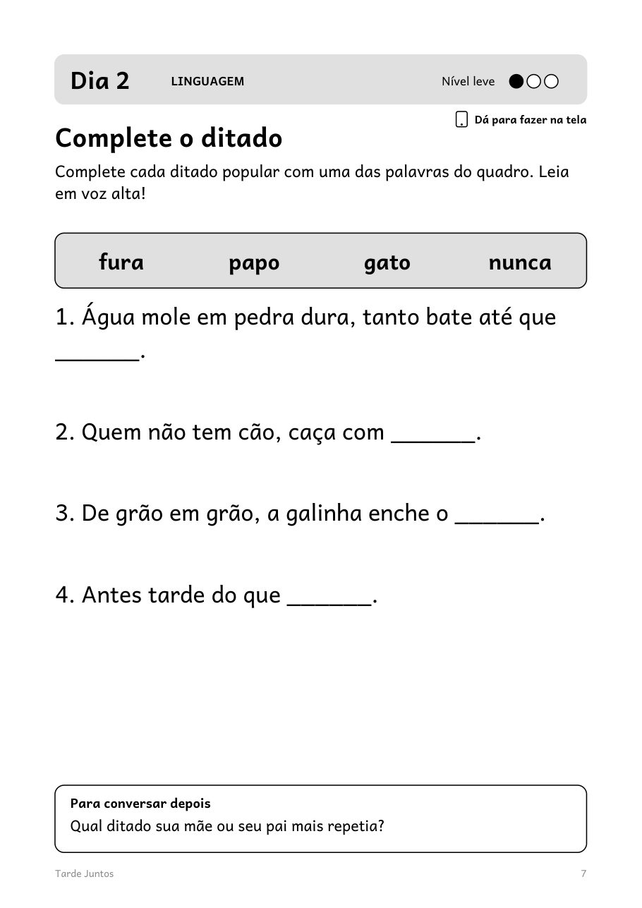 Página do dia 2: complete o ditado, nível leve