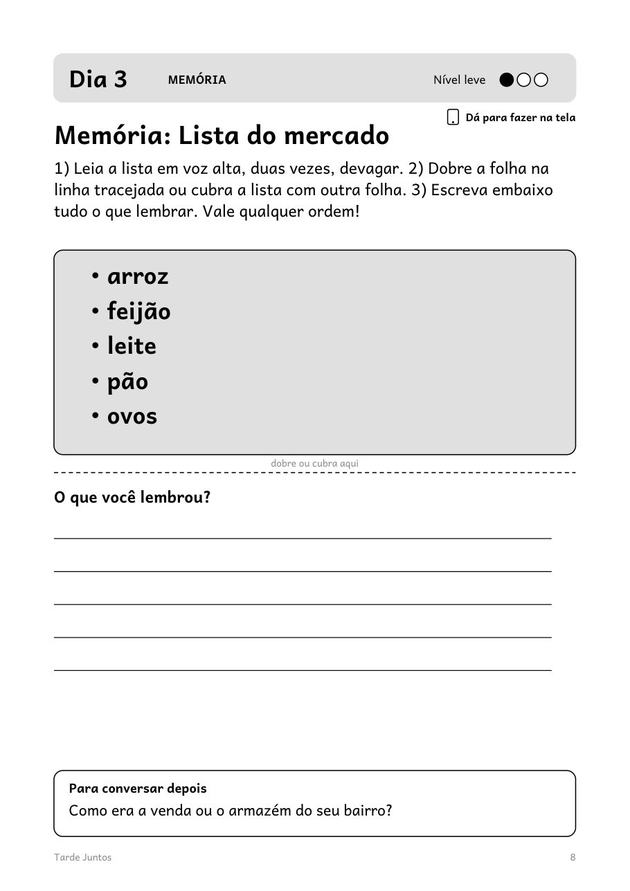 Página do dia 3: memória com a lista do mercado