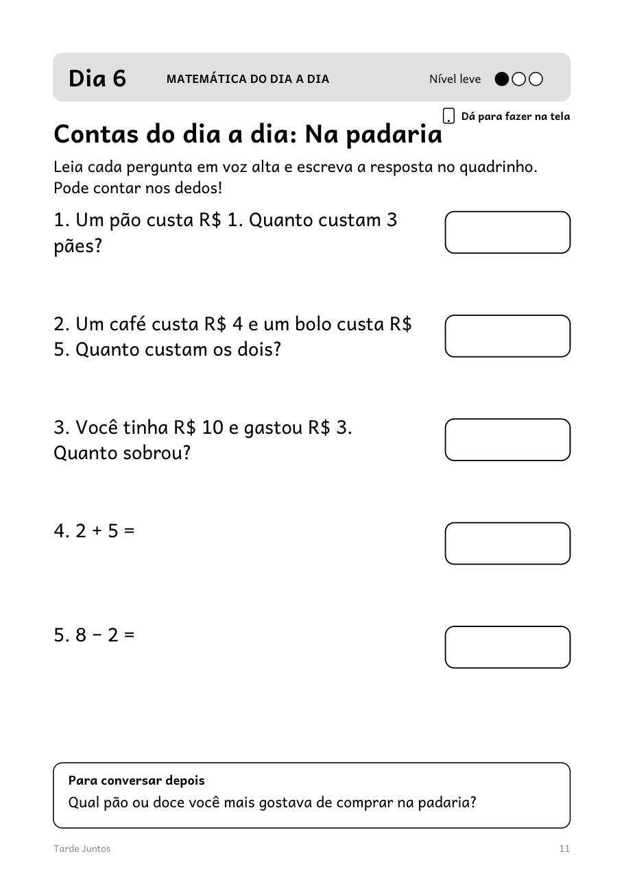 Página do dia 6: contas do dia a dia na padaria