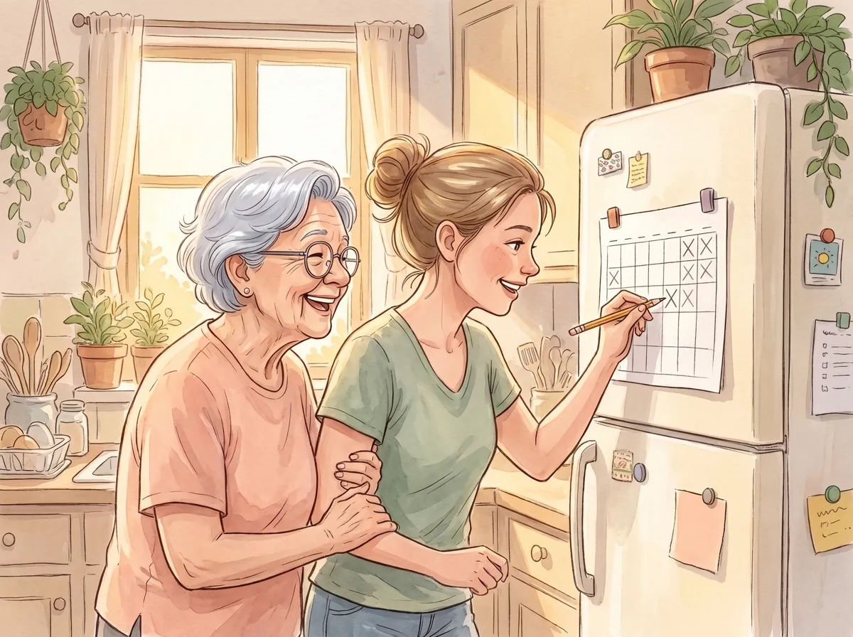 Ilustração em aquarela da filha marcando um X no calendário da geladeira, com a mãe rindo ao seu lado