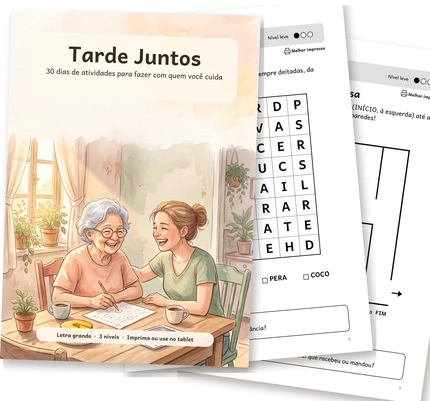 Capa do Tarde Juntos com duas páginas de atividades: um caça-palavras e um labirinto
